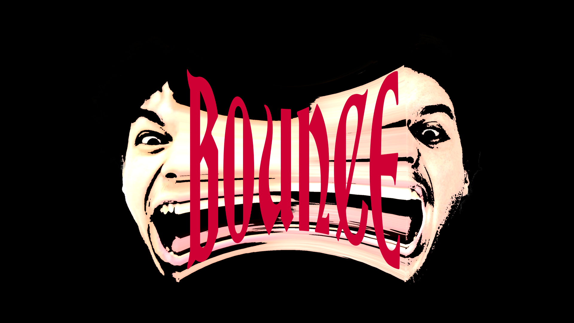 Arte Bounce: dois rostos distorcidos unidos por um movimento elástico, com o logo vermelho